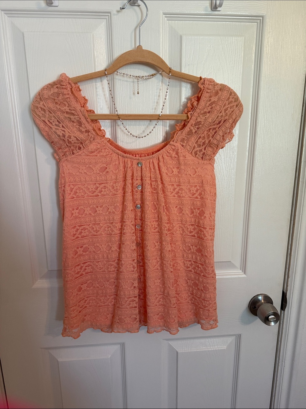 Maurices Peach Lace Short Sleeve Button Front Blouse